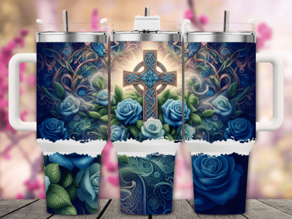 Blue Rose Celtic Cross 40oz Tumbler Wrap Graphics for Tumbler Wraps