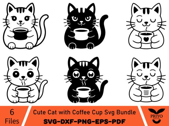 Cute Cat with Coffee Cup Svg Bundle: Graphics & Illustrations