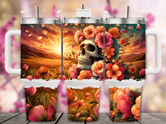 Floral Skull Sunset 40oz Tumbler Wrap: Graphics & Tumbler Wraps