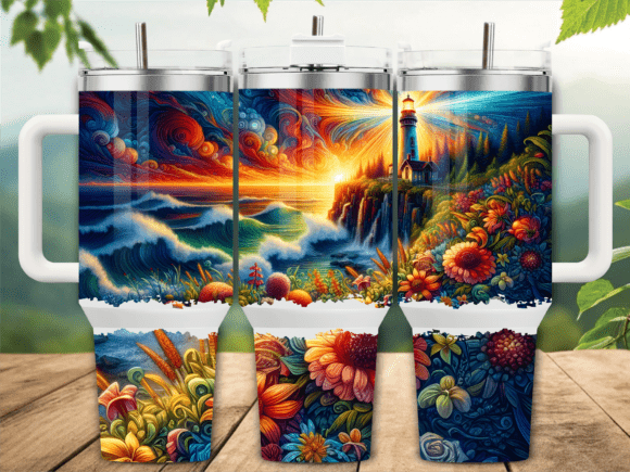 Lighthouse Beach Flower 40oz Tumbler Png: Graphics for Tumbler Wraps
