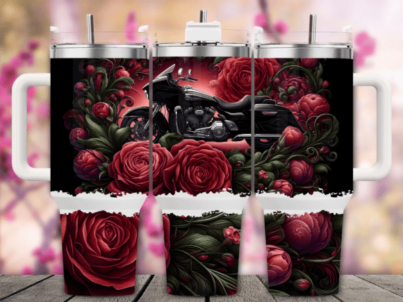 Motorcycle Red Rose 40oz Tumbler Wrap Graphics