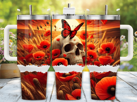 Poppy Skull Butterfly 40oz Tumbler Wrap Graphics